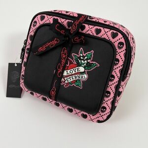NWT Ed Hardy Love Eternal 2pc Cosmetic Bag Set Pink Skull Heart Print Rhinestone